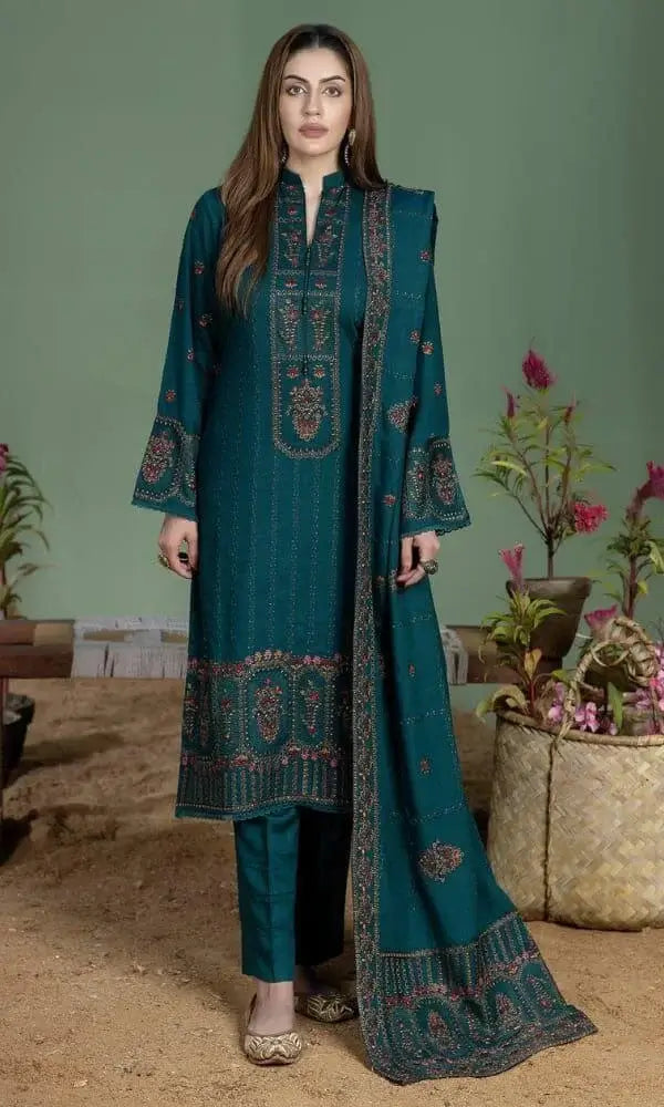3 Piece Unstitched Heavy Embroidered Dhanak Suit with Embroidered Dhanak Shawl