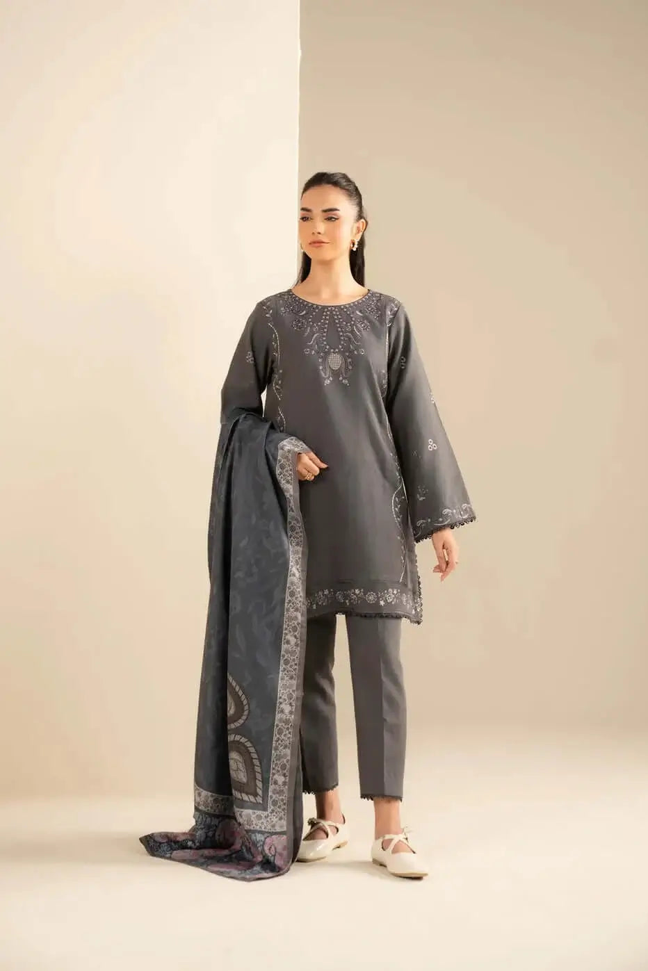 3 Piece Unstitched Embroidered Dhanak Suit with Printed Wool Shawl