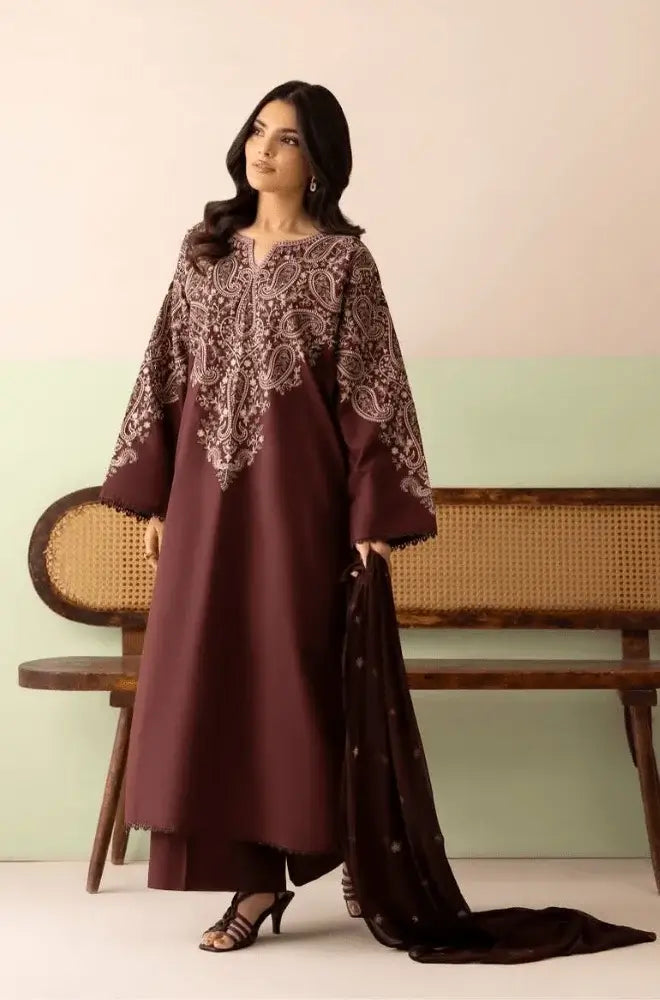 3 Piece Unstitched Embroidered Dhanak Suit with Embroidered Dhanak Shawl