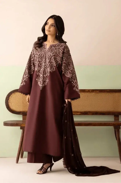 3 Piece Unstitched Embroidered Dhanak Suit with Embroidered Dhanak Shawl
