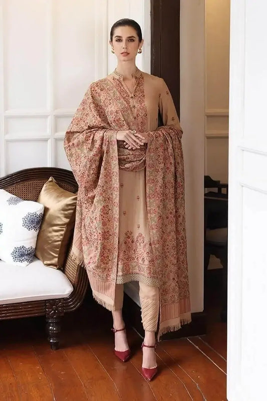 3 Piece Unstitched Heavy Embroidered Dhanak Suit with Embroidered Dhanak Shawl