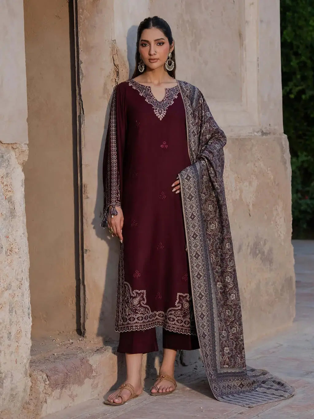 3 Piece Unstitched Embroidered Dhanak Suit with Printed Wool Shawl