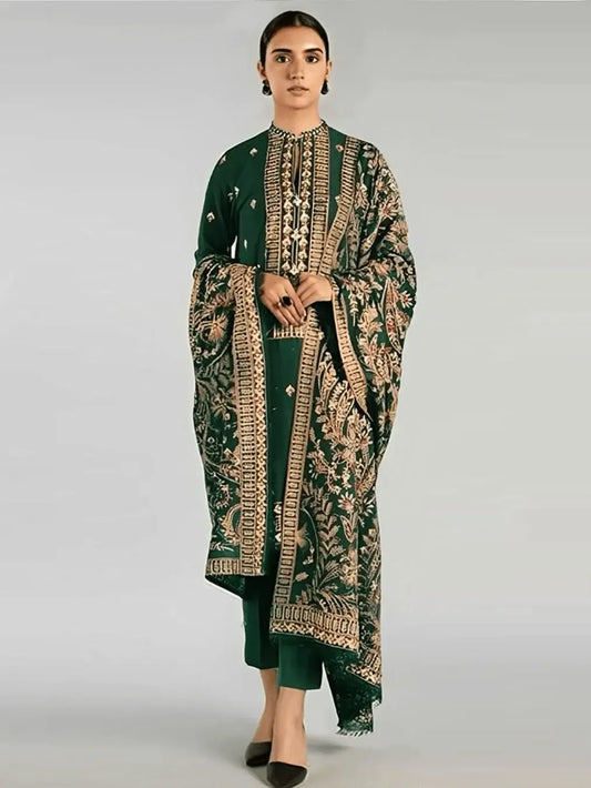 3 Piece Unstitched Heavy Embroidered Dhanak Suit with Embroidered Dhanak Shawl