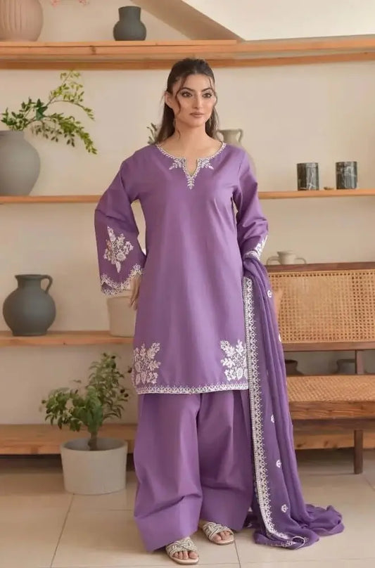 3 Piece Unstitched Embroidered Dhanak Suit with Printed Wool Shawl