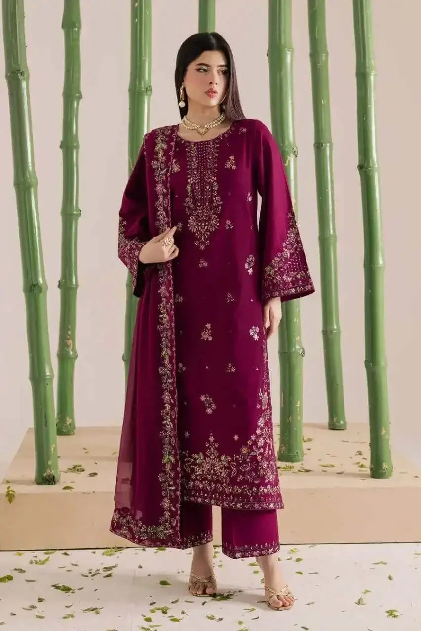 3 Piece Unstitched Heavy Embroidered Dhanak Suit with Embroidered Dhanak Shawl