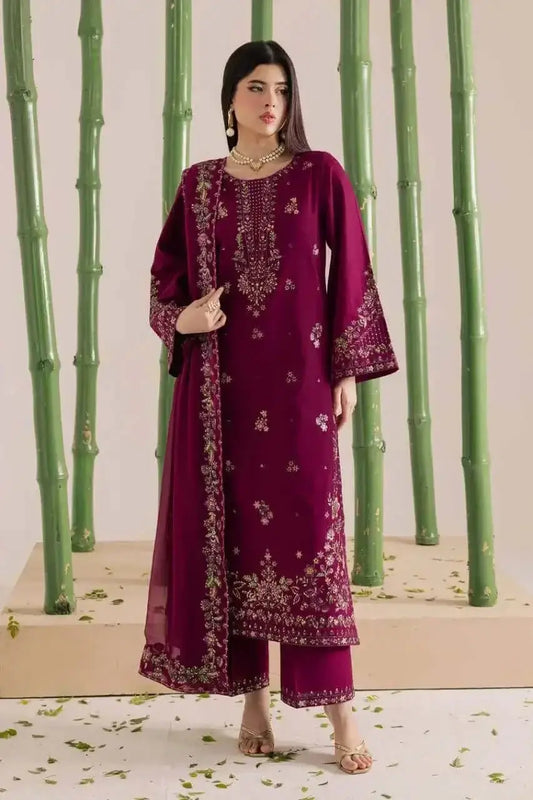 3 Piece Unstitched Heavy Embroidered Dhanak Suit with Embroidered Dhanak Shawl