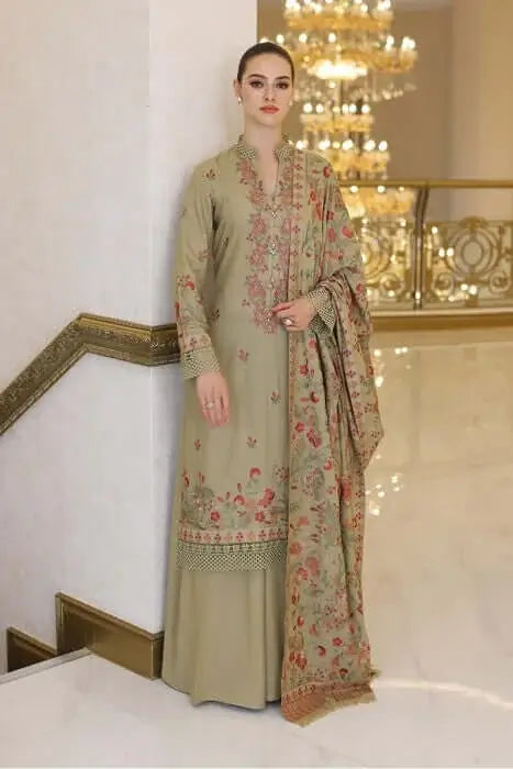 3 Piece Unstitched Heavy Embroidered Dhanak Suit with Embroidered Dhanak Shawl