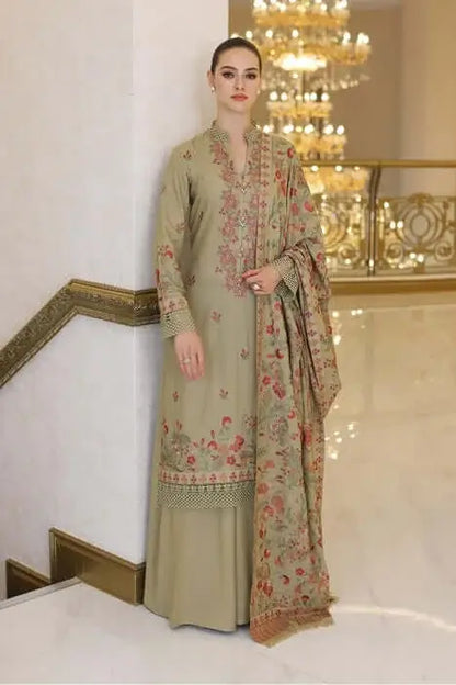 3 Piece Unstitched Heavy Embroidered Dhanak Suit with Embroidered Dhanak Shawl