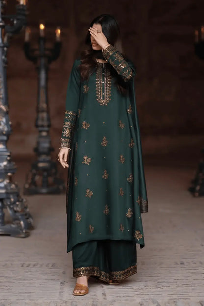 3 Piece Unstitched Heavy Embroidered Dhanak Suit with Printed Wool Shawl