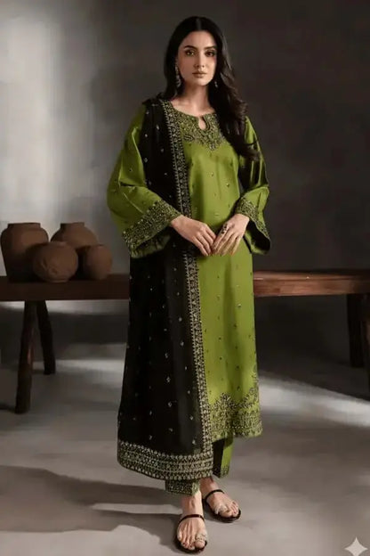 3 Piece Unstitched Heavy Sequenced Embroidered Dhanak Suit with Sequenced Embroidered Dhanak Shawl