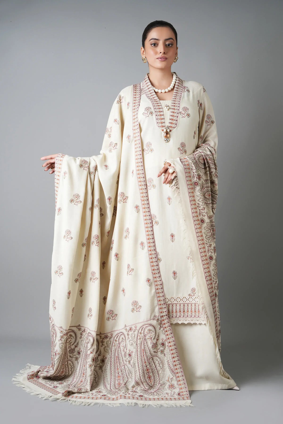 3 Piece Unstitched Heavy Embroidered Dhanak Suit with Embroidered Dhanak Shawl