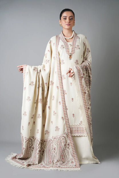3 Piece Unstitched Heavy Embroidered Dhanak Suit with Embroidered Dhanak Shawl