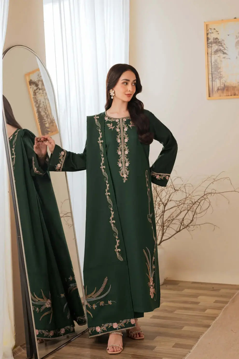 3 Piece Unstitched Embroidered Dhanak Suit with Embroidered Dhanak Shawl