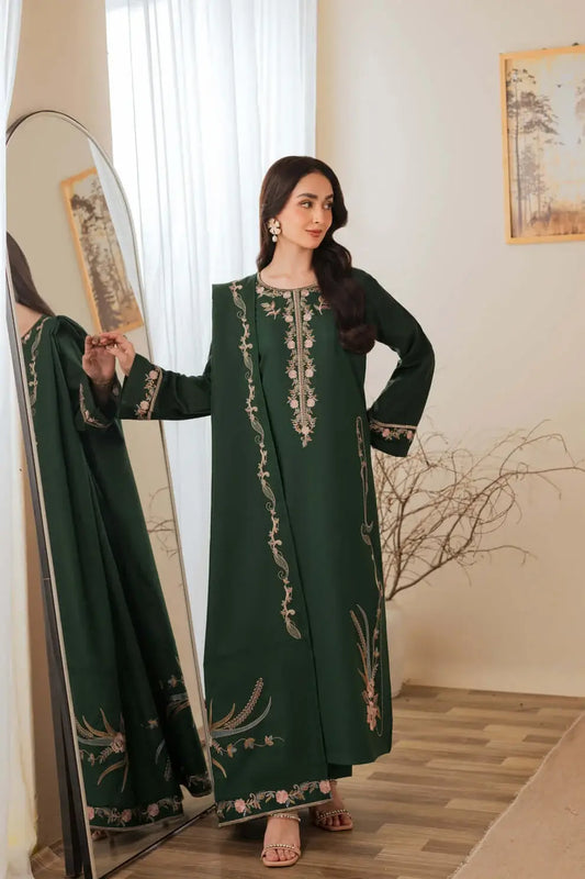 3 Piece Unstitched Embroidered Dhanak Suit with Embroidered Dhanak Shawl
