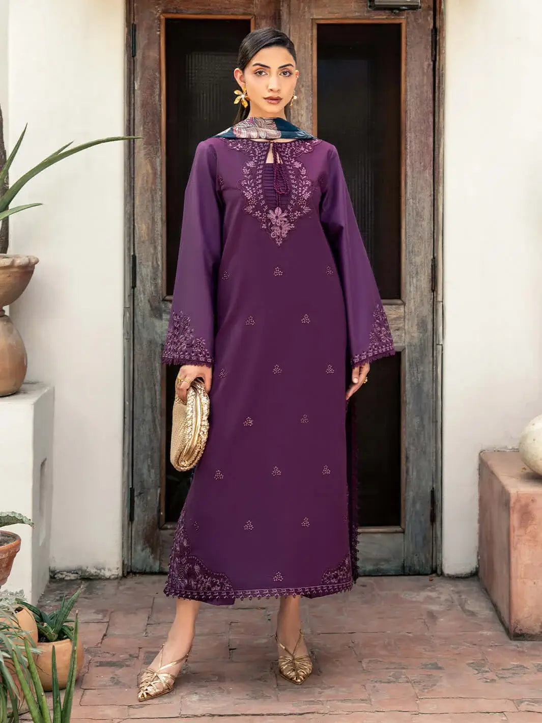 3 Piece Unstitched Heavy Embroidered Dhanak Suit with Printed Wool Shawl