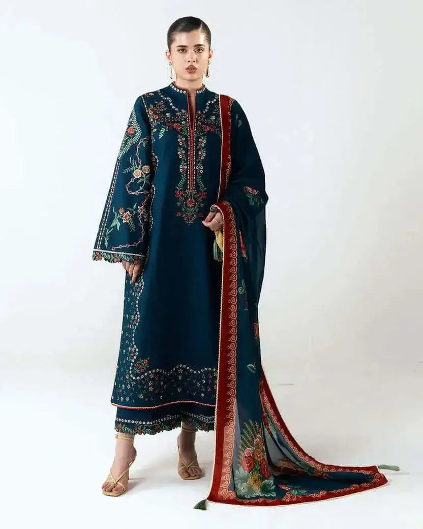 3 Piece Unstitched Heavy Embroidered Dhanak Suit with Printed Wool Shawl