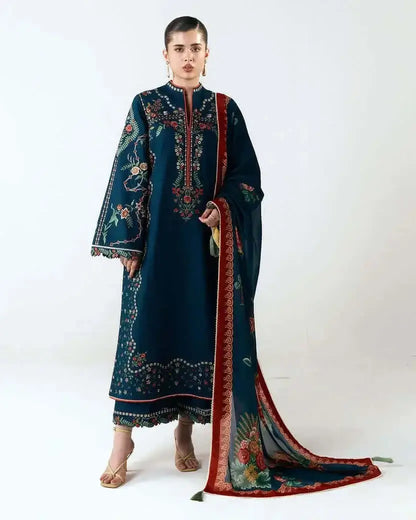 3 Piece Unstitched Heavy Embroidered Dhanak Suit with Printed Wool Shawl