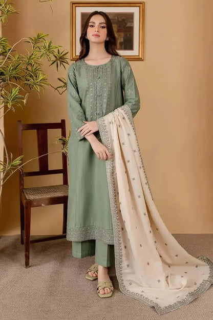 3 Piece Unstitched Embroidered Dhanak Suit with Embroidered Dhanak Shawl