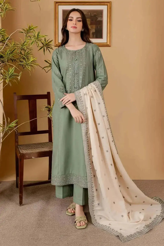 3 Piece Unstitched Embroidered Dhanak Suit with Embroidered Dhanak Shawl