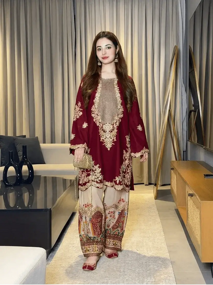 2 Piece Unstitched Heavy Sequenced Embroidered Silk Suit