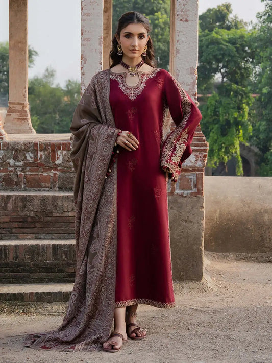 3 Piece Unstitched Embroidered Dhanak Suit with Printed Wool Shawl