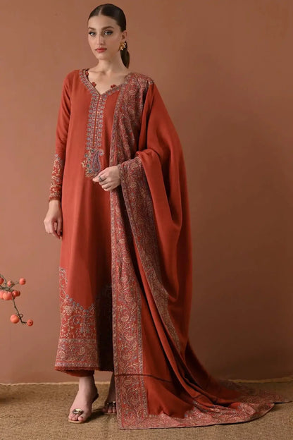 3 Piece Unstitched Heavy Embroidered Dhanak Suit with Embroidered Dhanak Shawl
