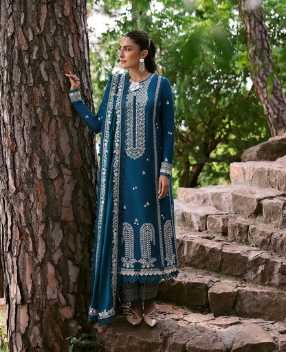 3 Piece Unstitched Heavy Embroidered Dhanak Suit with Embroidered Dhanak Shawl