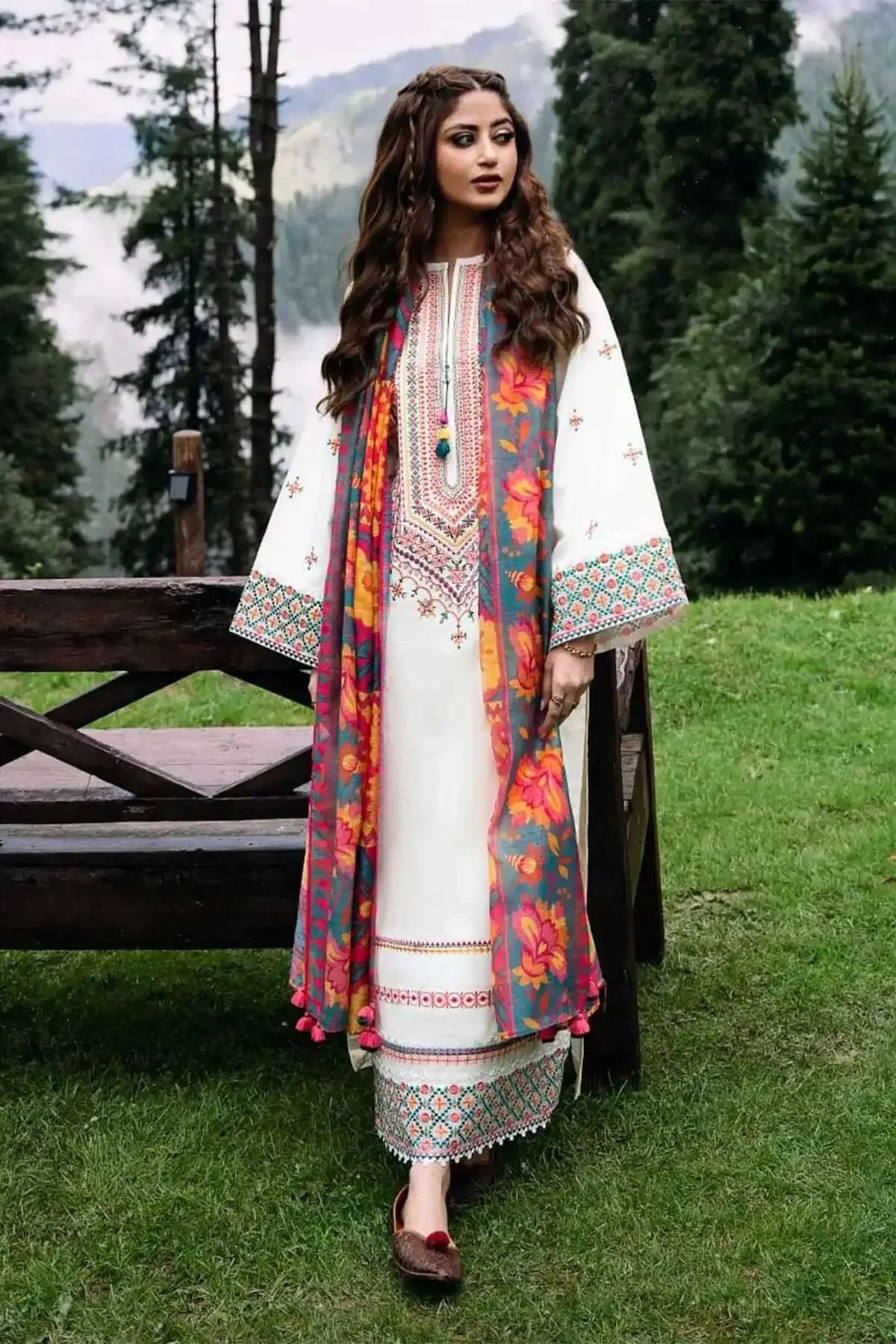 3 Piece Unstitched Heavy Embroidered Dhanak Suit with Printed Wool Shawl