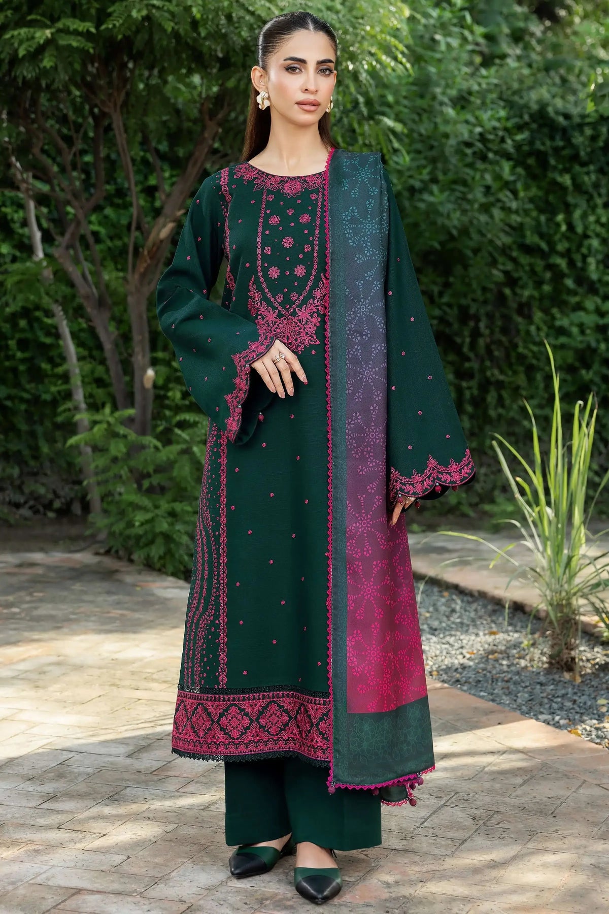 3 Piece Unstitched Embroidered Dhanak Suit with Printed Wool Shawl