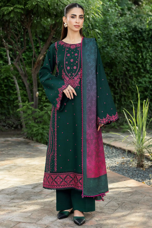 3 Piece Unstitched Embroidered Dhanak Suit with Printed Wool Shawl
