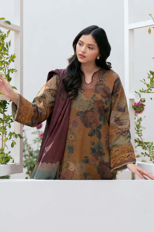 3 Piece Unstitched Embroidered Lawn Suit with Printed Monaar Silk Dupatta