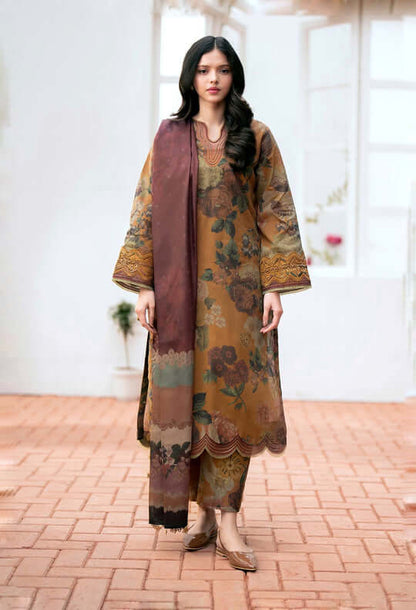 3 Piece Unstitched Embroidered Lawn Suit with Printed Monaar Silk Dupatta
