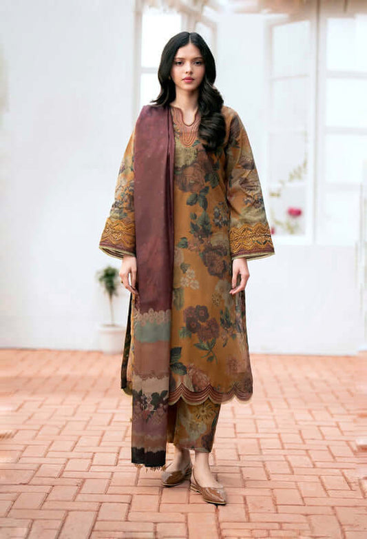 3 Piece Unstitched Embroidered Lawn Suit with Printed Monaar Silk Dupatta