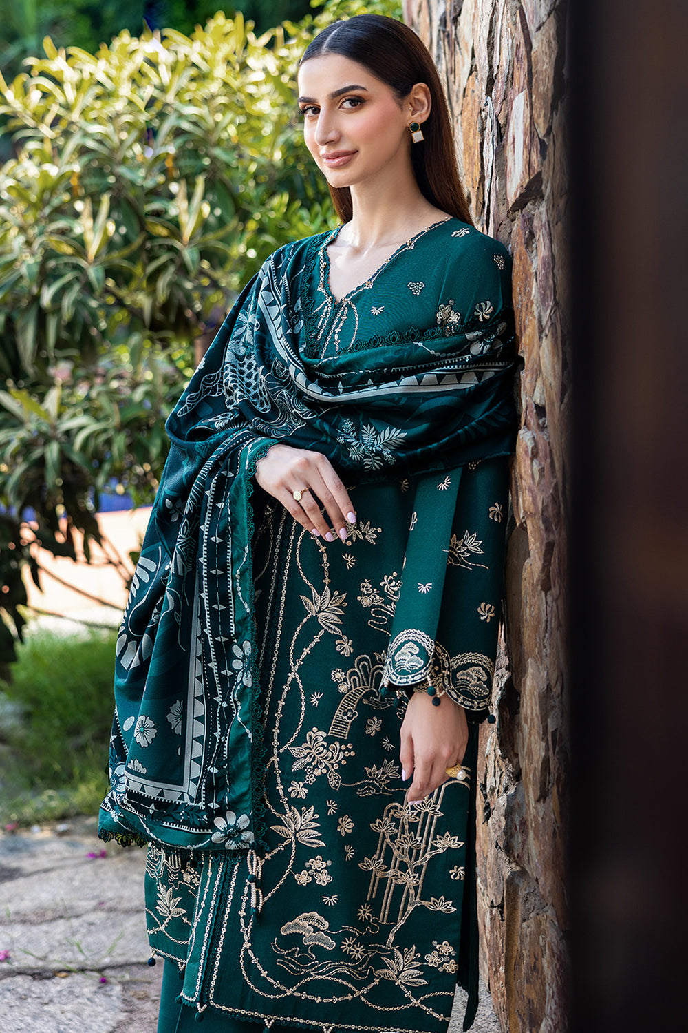 3 Piece Unstitched Heavy Embroidered Dhanak Suit with Printed Wool Shawl