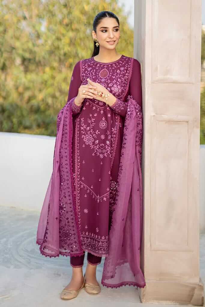 3 Piece Unstitched Heavy Embroidered Pure Lawn Suit with Heavy Embroidered Organza Dupatta