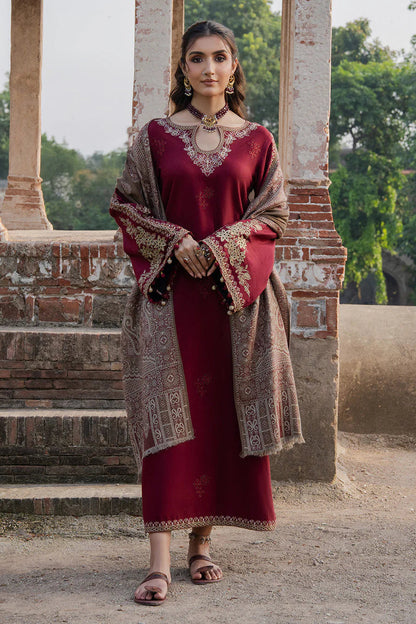 3 Piece Unstitched Embroidered Dhanak Suit with Printed Wool Shawl