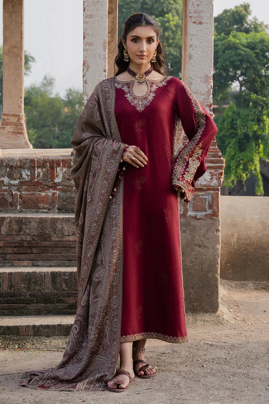 3 Piece Unstitched Embroidered Dhanak Suit with Printed Wool Shawl