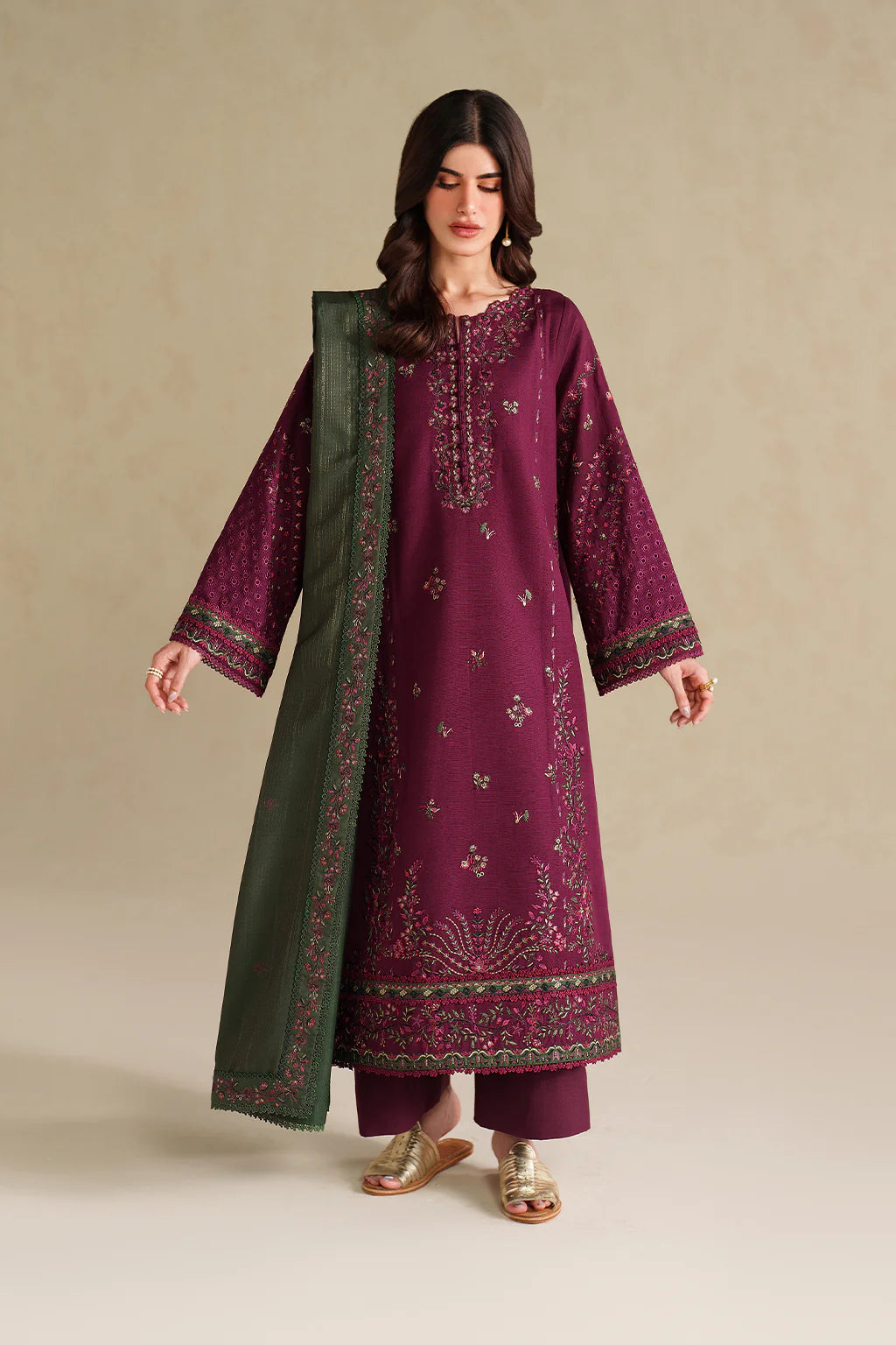 3 Piece Unstitched Heavy Embroidered Dhanak Suit with Embroidered Dhanak Shawl