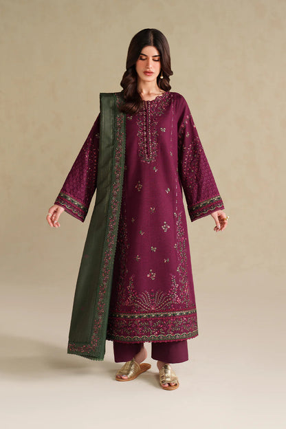 3 Piece Unstitched Heavy Embroidered Dhanak Suit with Embroidered Dhanak Shawl
