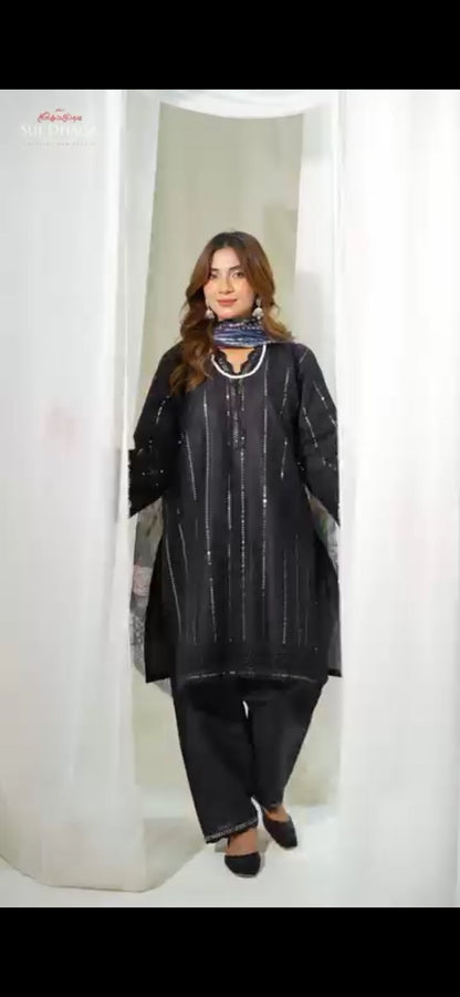 3 Piece Stitched Embroidered Lawn Suit with Printed Monaar Chiffon Dupatta and Jacket