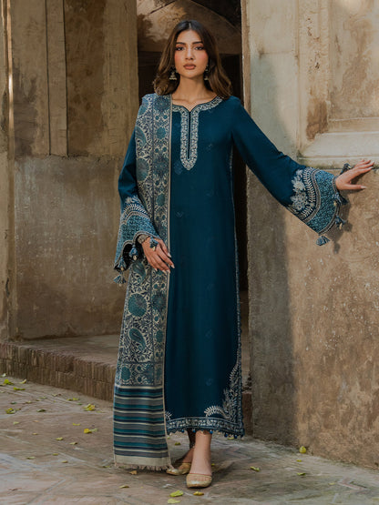 3 Piece Unstitched Heavy Embroidered Dhanak Suit with Printed Wool Shawl