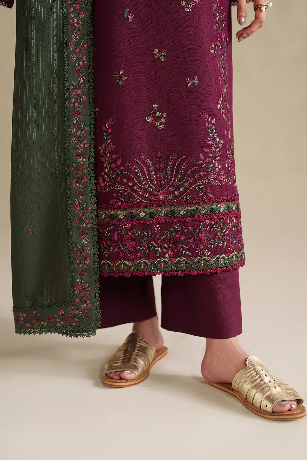 3 Piece Unstitched Heavy Embroidered Dhanak Suit with Embroidered Dhanak Shawl