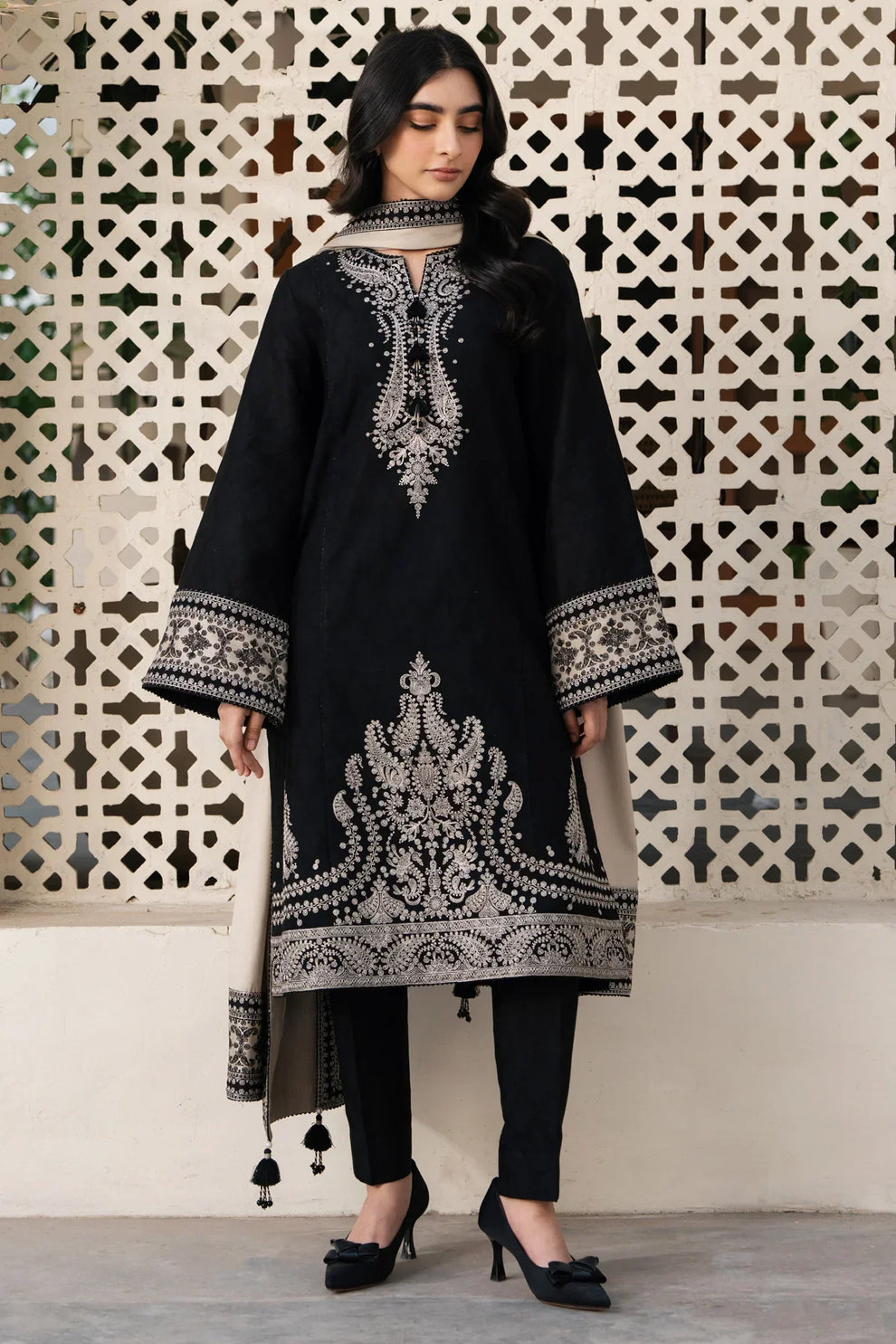 3 Piece Unstitched Heavy Embroidered Dhanak Suit with Printed Wool Shawl