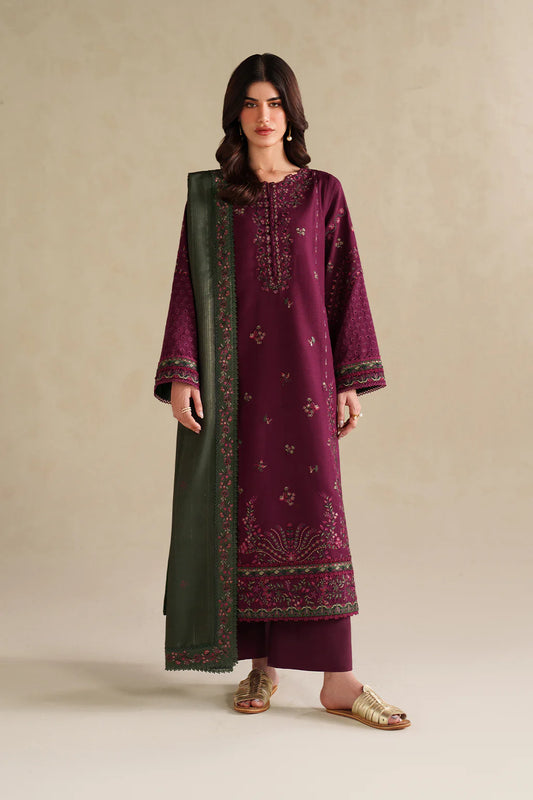 3 Piece Unstitched Heavy Embroidered Dhanak Suit with Embroidered Dhanak Shawl