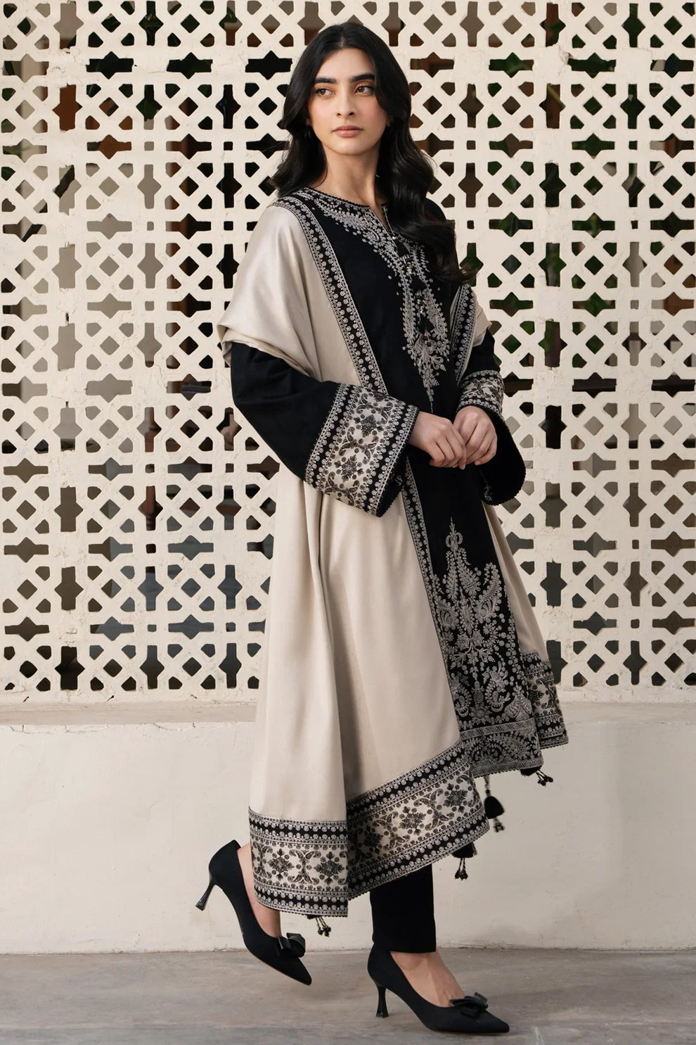 3 Piece Unstitched Heavy Embroidered Dhanak Suit with Printed Wool Shawl