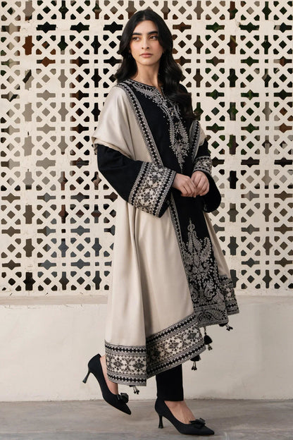 3 Piece Unstitched Heavy Embroidered Dhanak Suit with Printed Wool Shawl