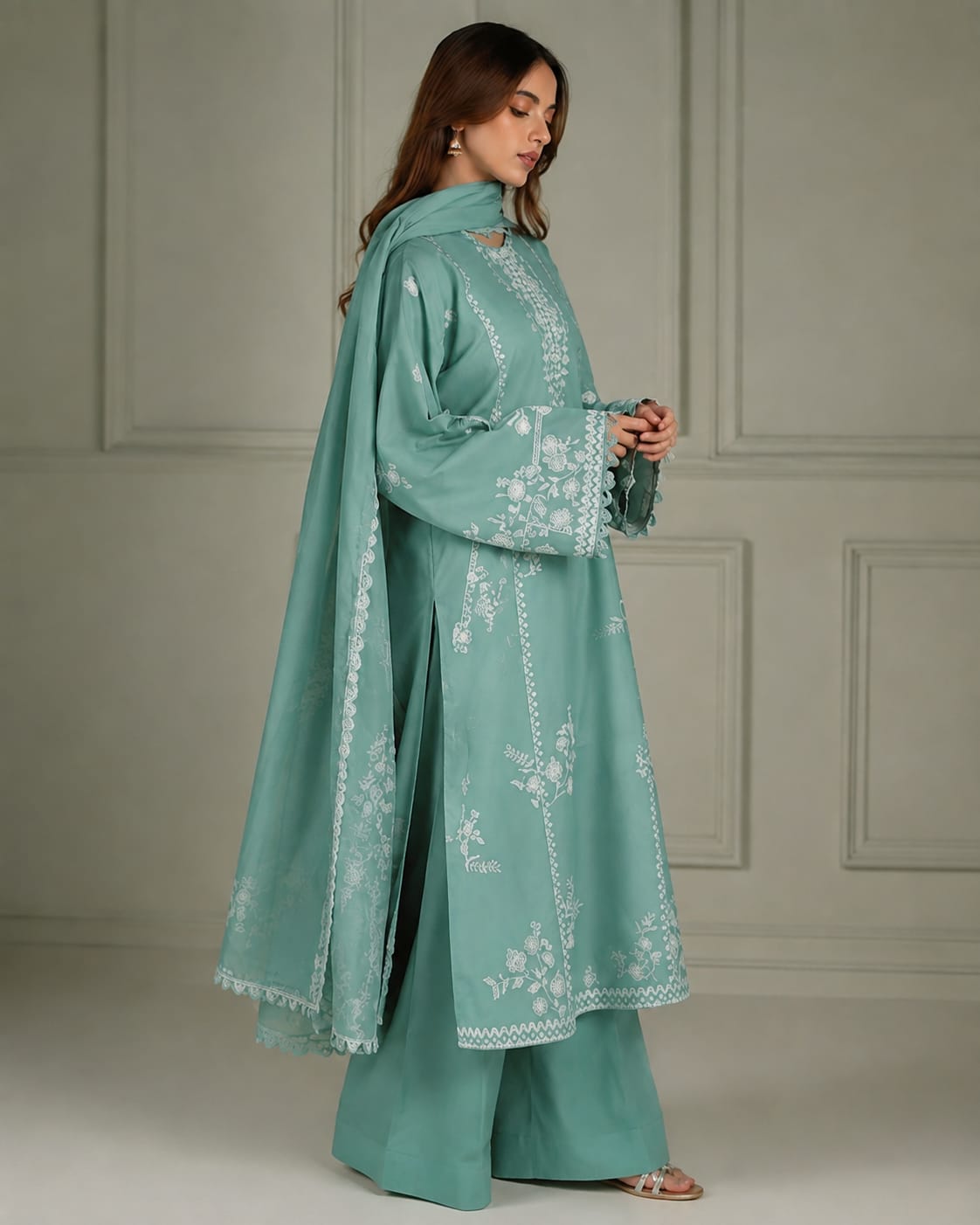 3 Piece Unstitched Heavy Embroidered Dhanak Suit with Embroidered Dhanak Shawl