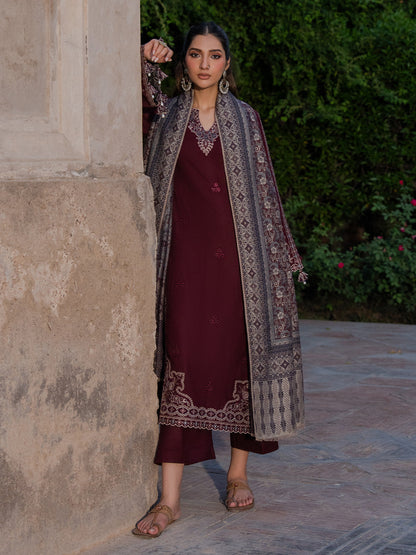 3 Piece Unstitched Heavy Embroidered Dhanak Suit with Printed Wool Shawl