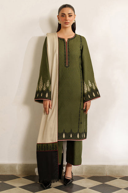 3 Piece Unstitched Embroidered Dhanak Suit with Printed Wool Shawl
