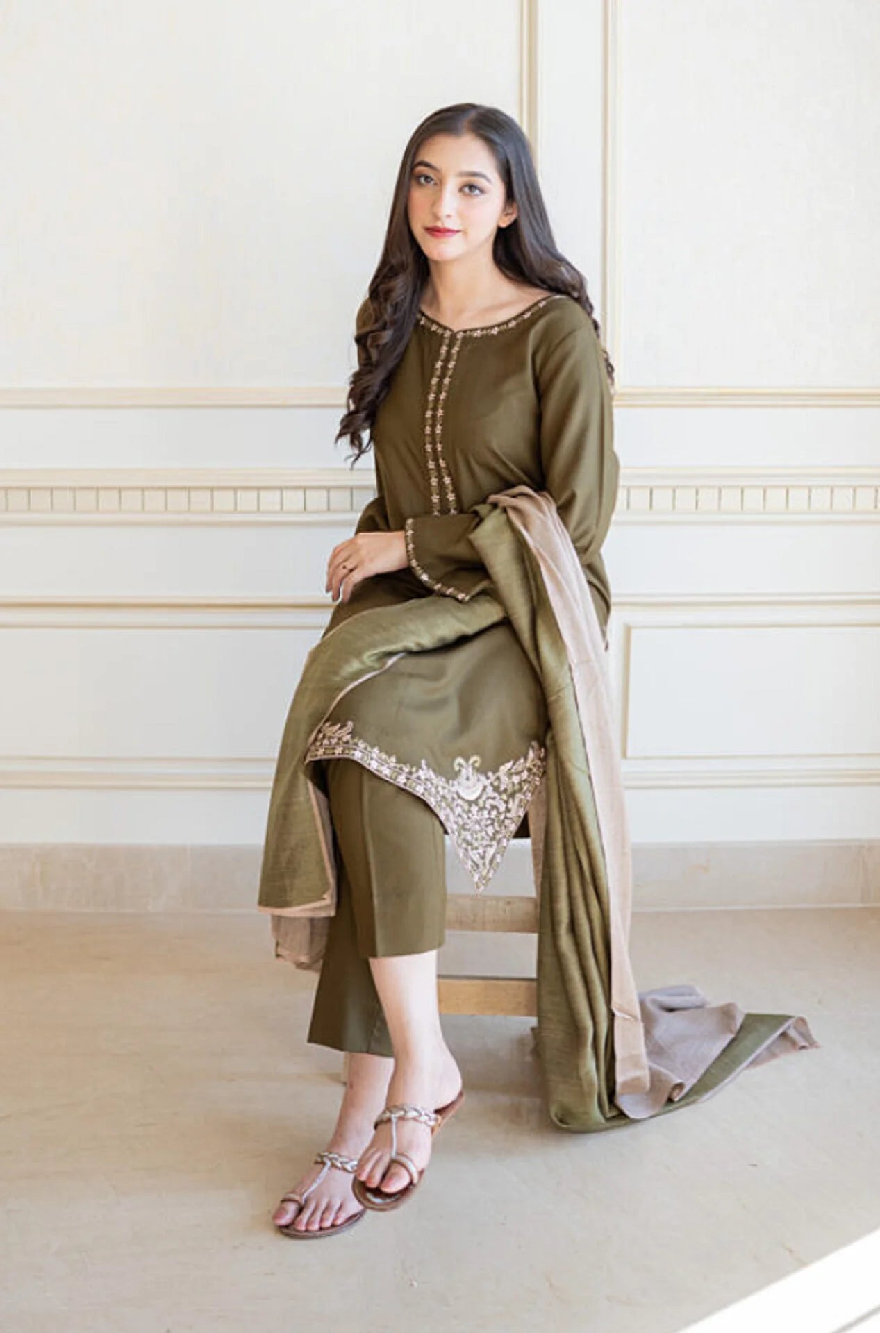 3 Piece Unstitched Heavy Embroidered Dhanak Suit with Plain Dyed Dhanak Shawl